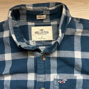 Hollister Blue & White Plaid Flannel Button-Down Shirt, Y2K Style